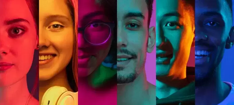image of three women and three men, all difference ethnicities, each face is tinted with a different color of the rainbow